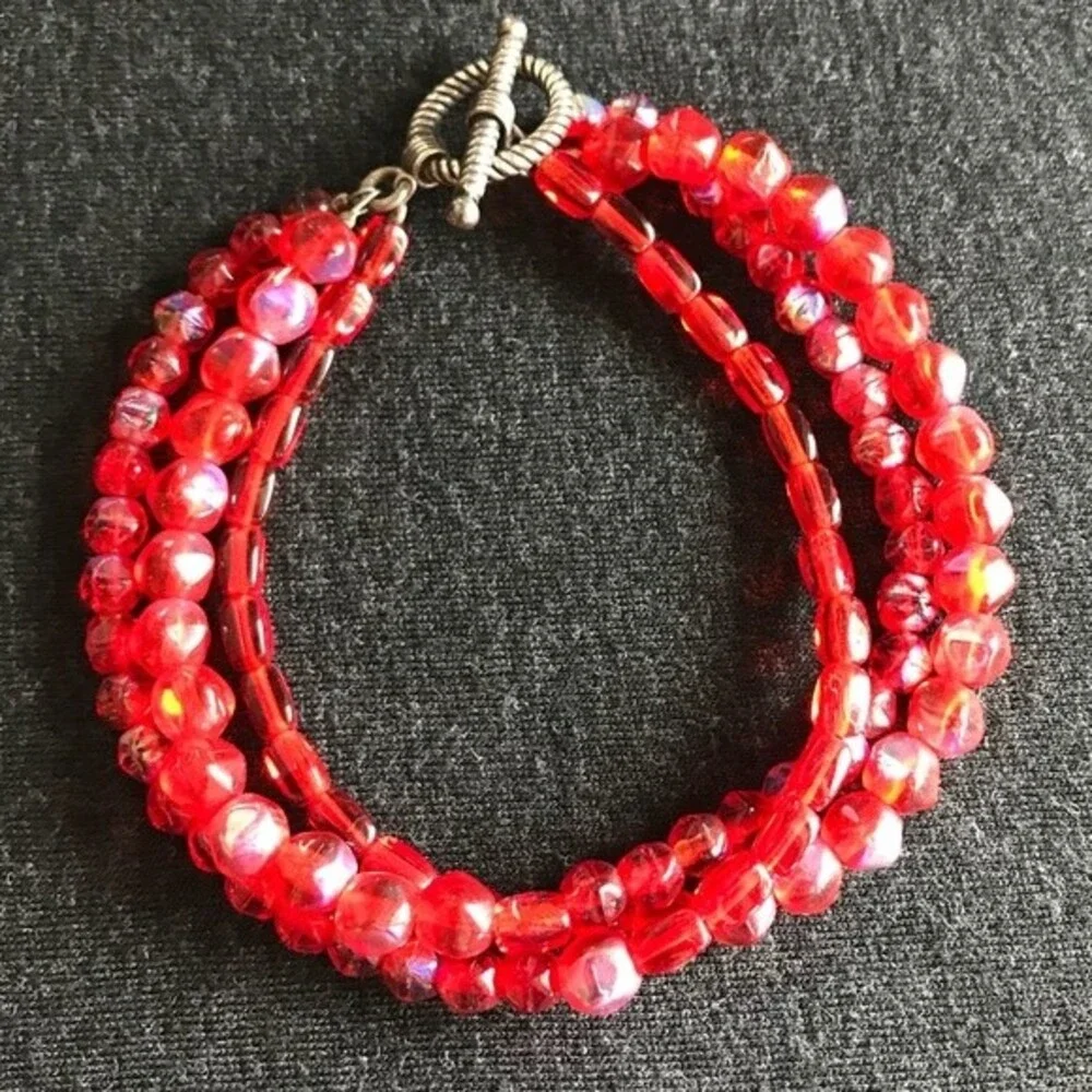Vintage Handmade Triple Strand Red Aurora Borealis Czech Glass Sterling Clasp